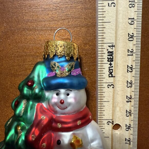 Vintage UT Snowman Christmas Tree Ornament Hand Painted Glass Y2K Green White - Picture 4 of 4
